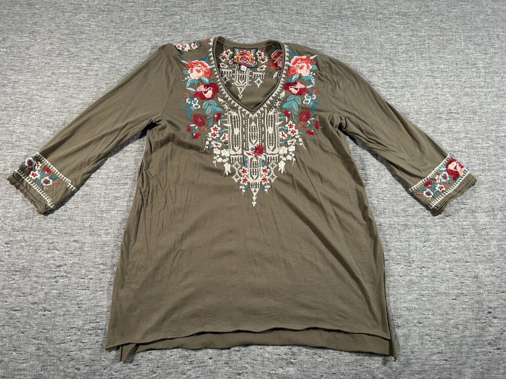 Johnny Was Floral Embroidered Peasant Blouse Womens Medium V-Neck Cotton Boho
